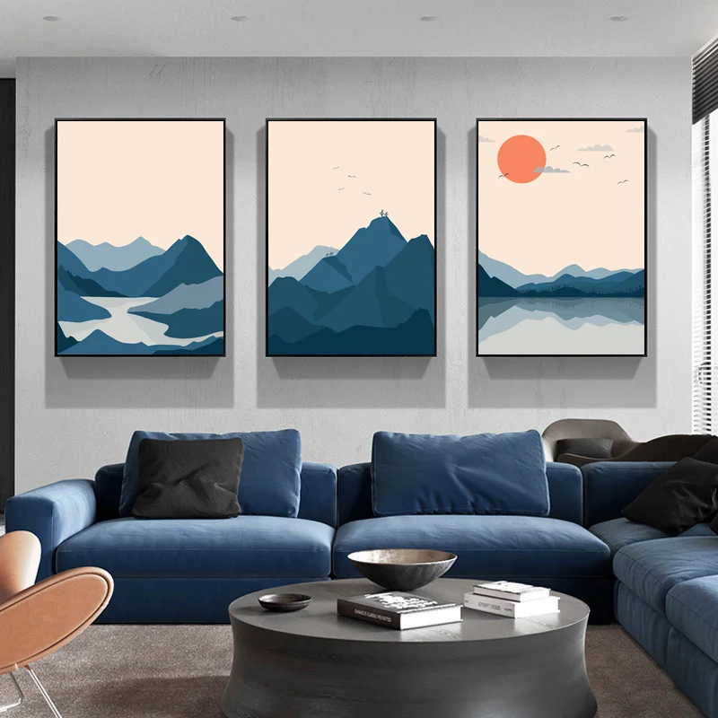 Pintura en lienzo de paisaje de lago de montaña al atardecer, carteles e impresiones de arte de pared abstracto japonés, imagen para decoración del hogar