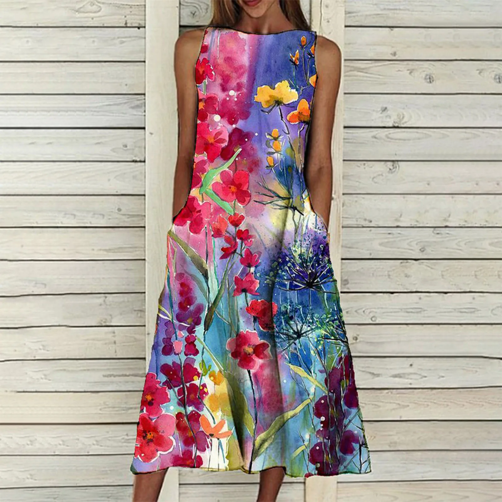 Fashion Womens Floral Printing Round-Neck Short Sleeveless Comfy Casual female Long Dress Lap Chemise Kobieta Sukienka Vestidos 1