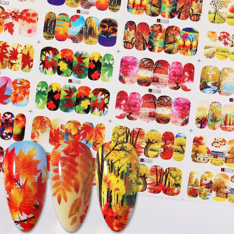 

12 Types Mixed Patterns Nail Water Decals Colorful Maple Leaf Nail Art Transfer Stickers Decals Nail Art DIY Design Decorations