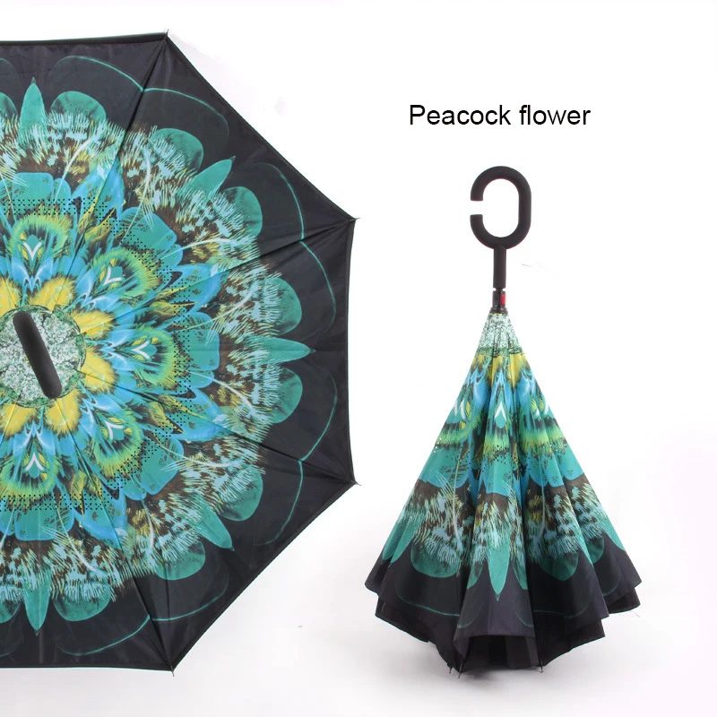 peacock flower Анти УФ перевернутый обратный зонтик зеленый оттенок ветрозащитный двойной слой Зонты солнечный и дождливый мужчины и женщины стенд внутри - Цвет: peacock flower