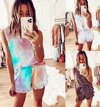 

Women Summer Sports Suit Pajamas Nightgown Cotton Boho Casual Vest Tank Shorts camouflage Tops Female Chiffon Ladies Shirt Camis
