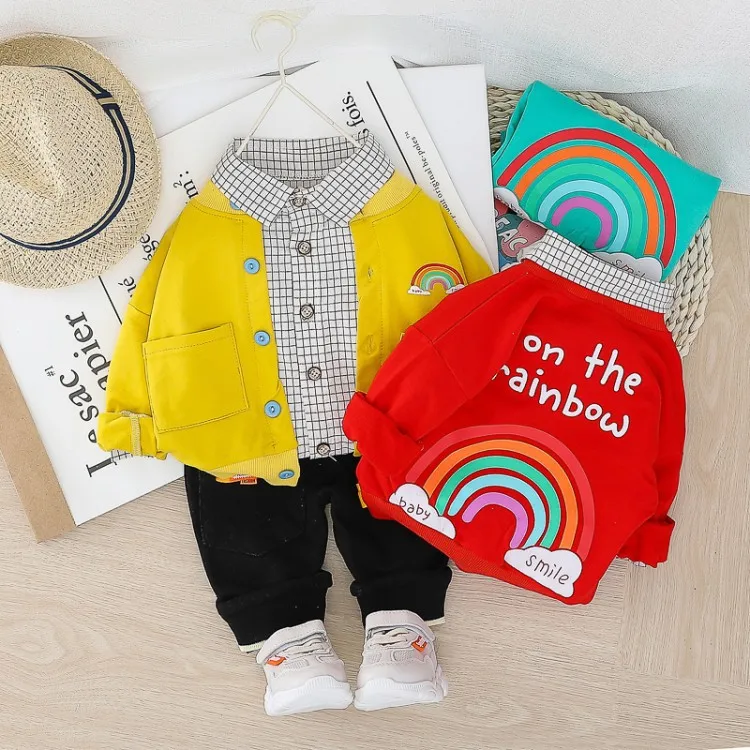 

Spring Clothing Long Sleeve CHILDREN'S Suit 2020 Korean-style Childrenswear Plaid Shirt + Rainbow Cardigan + Trousers Three-piec