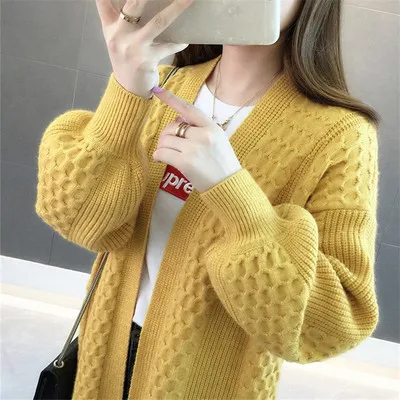 yellow Осенний женский свитер, кардиганы,,, свободный v-образный вырез, рукав-фонарик, открытый шов, Вязанный свитер, куртка, женское вязаное пальто, верхняя одежда - Цвет: yellow