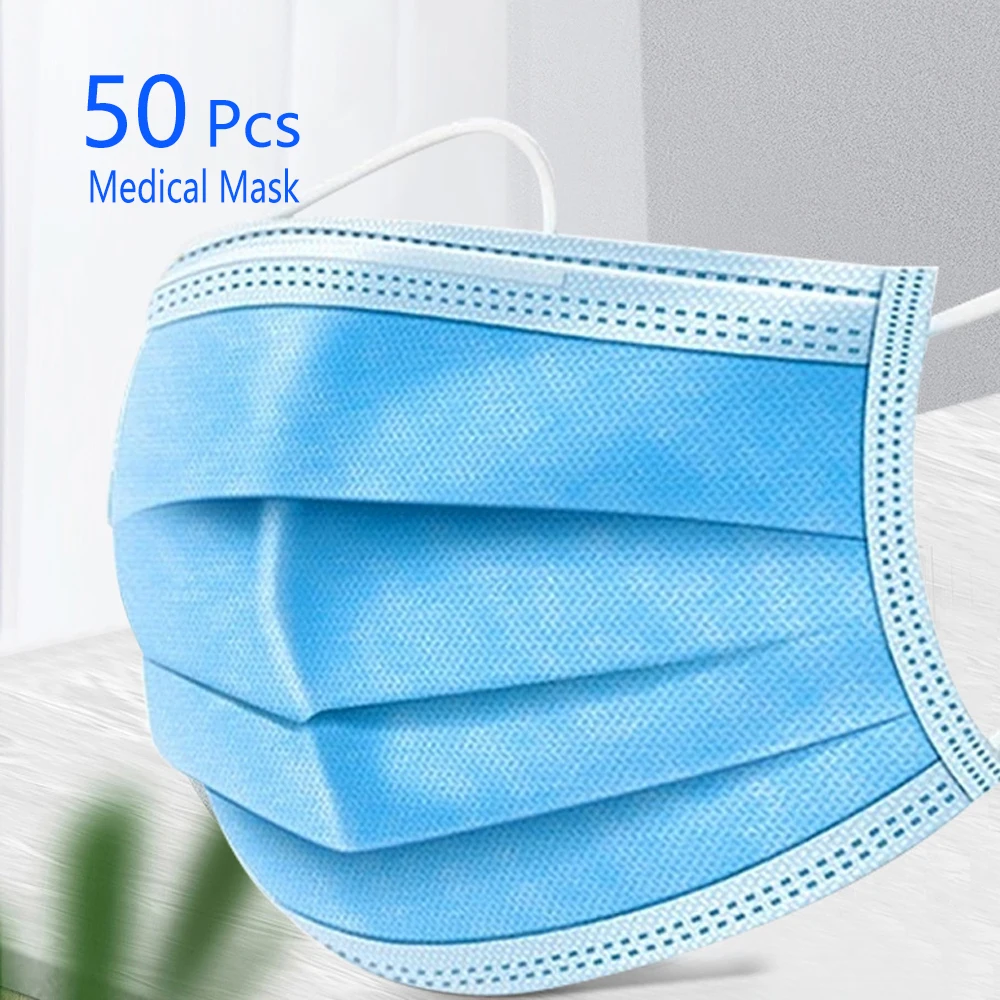 

50 tablets / bag medical disposable blue 3-layer non-woven mask dustproof antibacterial kn95 fc94 2019-nCoV