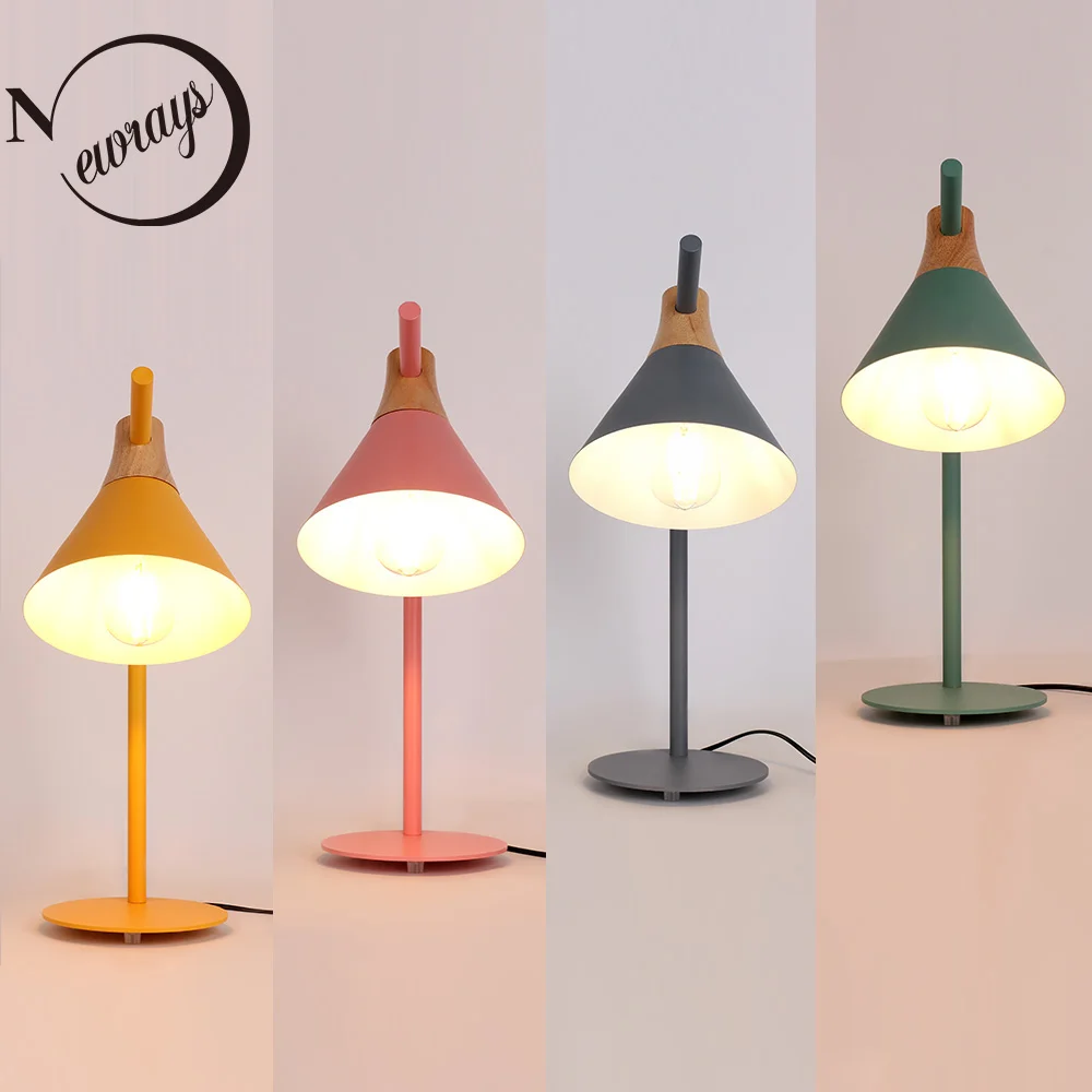 Modern Europe iron wood table lamp simple country desk lamp LED E27 with 6 colors for study bedroom living room bookstore cafe
