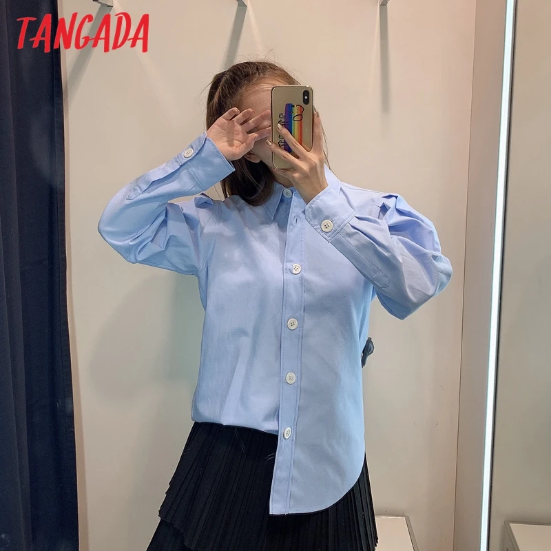 Tangada женская большая плиссированная синяя блузка с отложным воротником и пышным длинным рукавом, шикарная длинная рубашка, blusas femininas 6P05