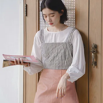 

Y Early Autumn New Style Sweet GIRL'S Short Lattice Waistcoat Women + Chiffon Shirt Piece Fashion