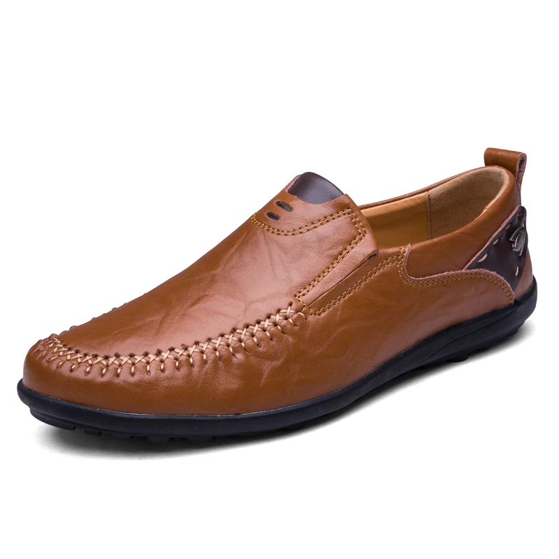 

2019 New Men Casual Leather Shoes Slip on Comfortable Man Flat Walking Driving Sneakers Orange Black Male Loafers Plus Size