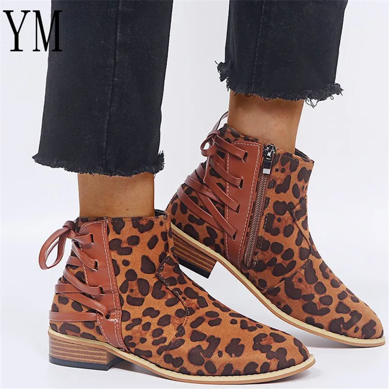 

Women Leopard Martin Boots Pointed toe Autumn Winter Boots Classic Snow Ankle Boots Winter Suede Warm Fur Flat heels Women Shoes
