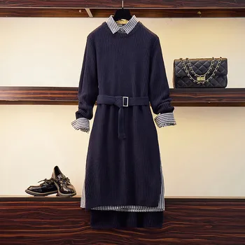 

2020 Autumn Winter Large Size 5XL Slim Women Suit vintage Long Sleeve Knit Sweater + Striped Shirt 2 two-piece sets Dress 1052