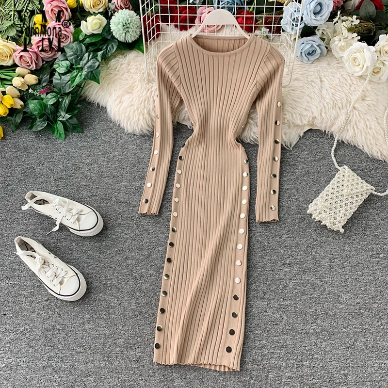 Новинка 2019 года. Элегантное эластичное длинное платье с боковыми пуговицами.