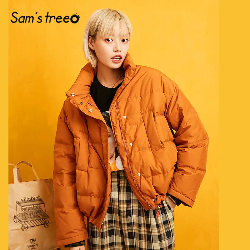 SAM'S BOOM Beige Solid Straight Korte Warmness Down Jas Vrouwen 2019 Winter Oranje Stand Kraag Ruches Oversived Vrouwelijke Outwears SAM'S BOOM Beige Solid Straight Korte Warmness Down Jas Vrouwen 2019 Winter Oranje Stand Kraag Ruches Oversived Vrouwelijke Outwears