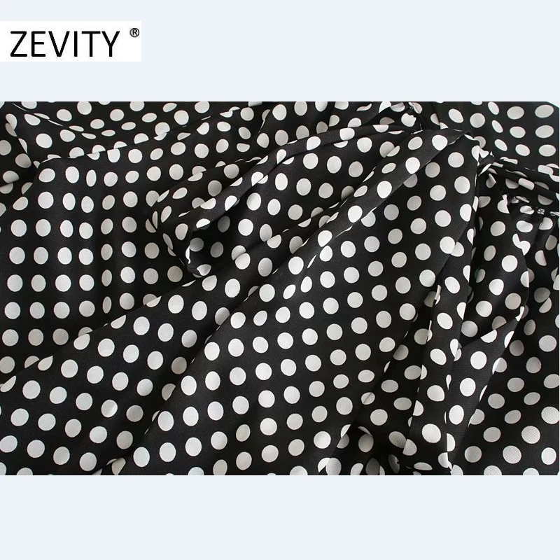 ZEVITY women vintage bow tied stand collar polka dots print mini dress female lantern sleeve casual vestidos chic dresses DS4426