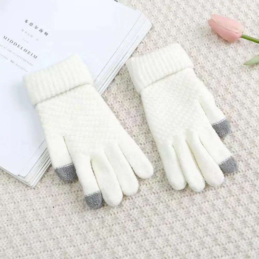 

Female Winter Warm Knitted Full Finger Gloves Men Touch Screen Unisex Warm Mittens gloves white winter women