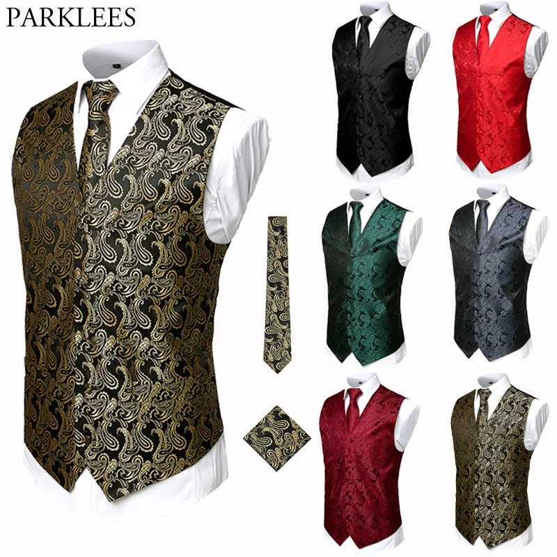 Classic Paisley Men Vest Set(Vest+Necktie+Pocket) 3pcs Vest Men Jacquard Wedding Party Mens Suit Vests Casual Waistcoat Men USA