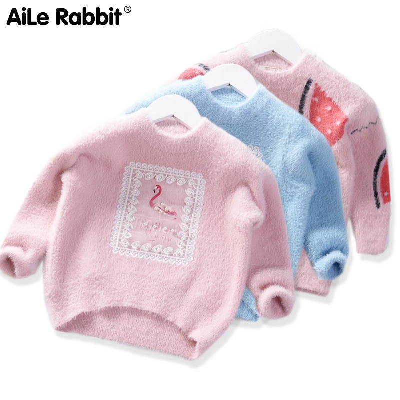 Goedkoop 2019 Herfst Winter Nieuwe kinderen Truien Fluwelen Meisjes Trui Warm Cartoon Watermeloen Flamingo Ijs Kids Cltothing