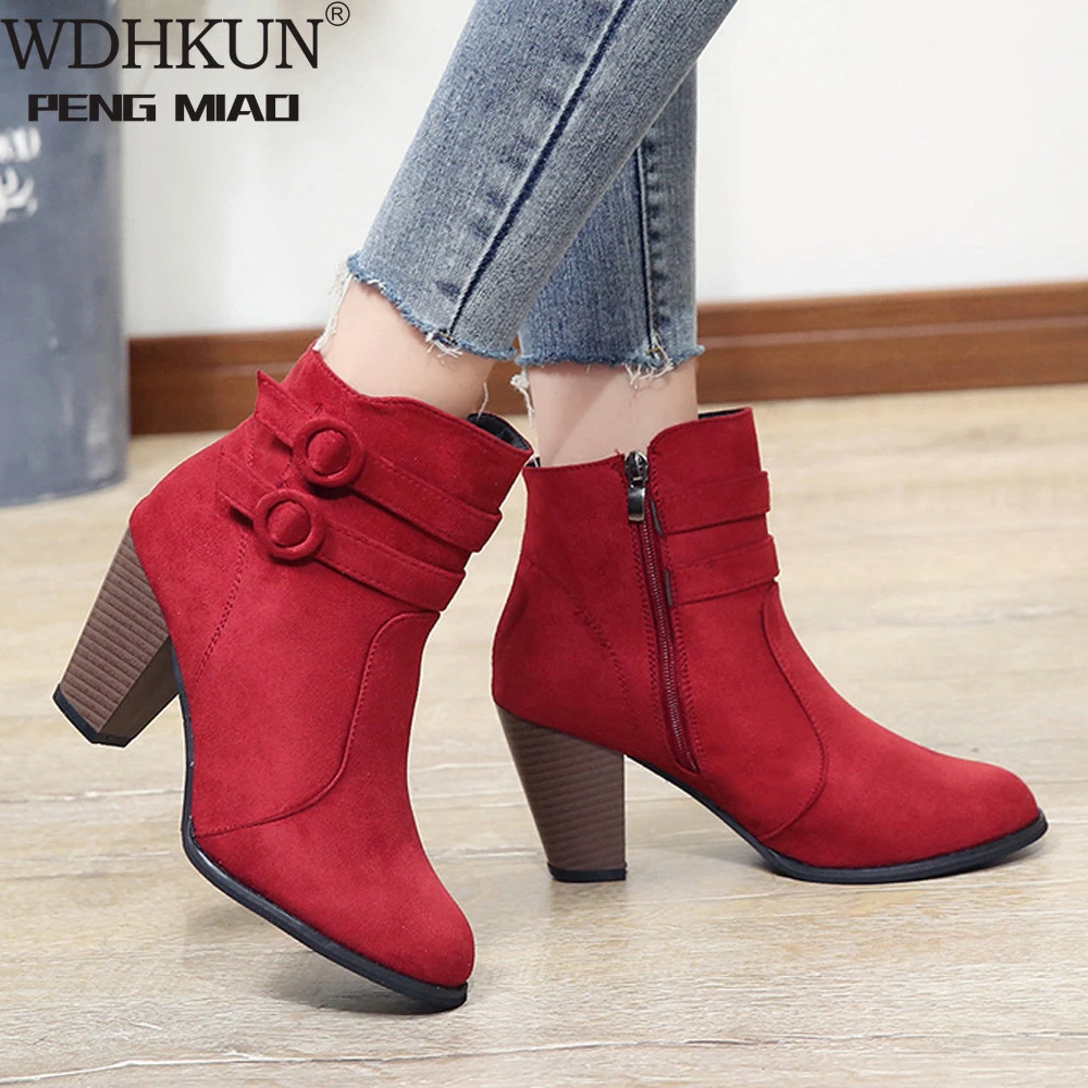 Fashion Trend Women Martin Boots Solid Color Rivet Zipper High Heels Shoes Party Ankle Boots Red 