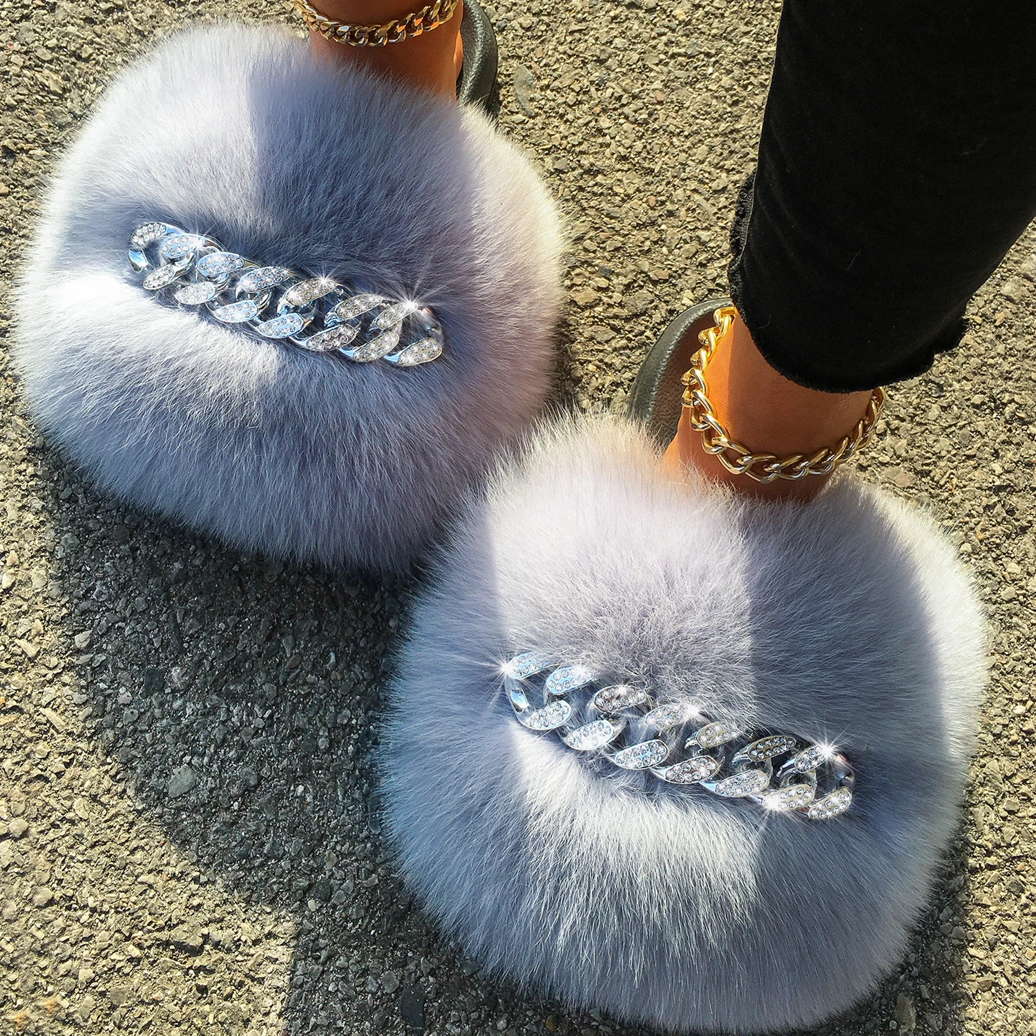 Real Fox Fur Slippers For Women Diamond Chain Furry Fur Slides Fluffy Flip Flops House Plush Beach Flat Slippers Summer Sandals