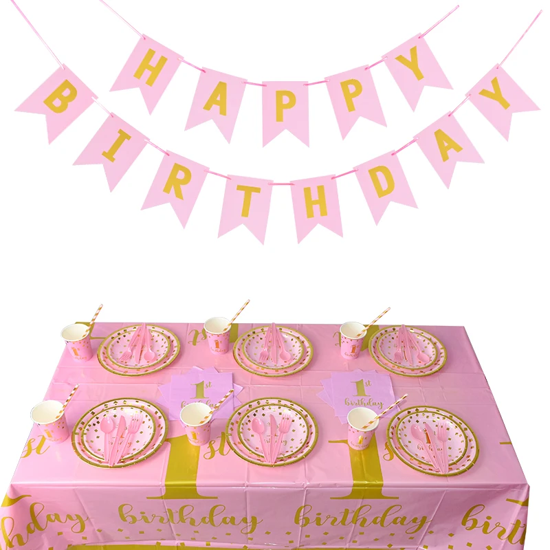 Baby 1st Birthday Party Disposable Tableware Pink Blue Plate Cup Napkin One Year First Birthday Party Table Decor Baby Shower  (5)
