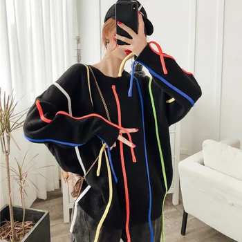

TVVOVVIN New Pattern Autumn Winter 2019 Round Collar Long Sleeve Rainbow Striped Tassel Pullovers Streetwear Femals B801