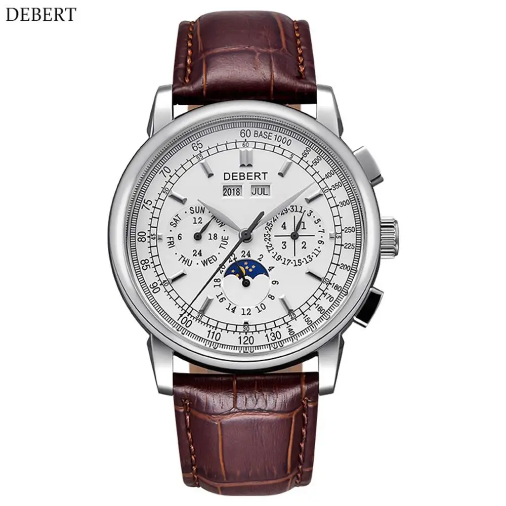 Debert 42mm Top Brand Watch Men Moon Phase White Dial Silver stainless steel Case Seagull Automatic watch часы мужские - Цвет: white dial