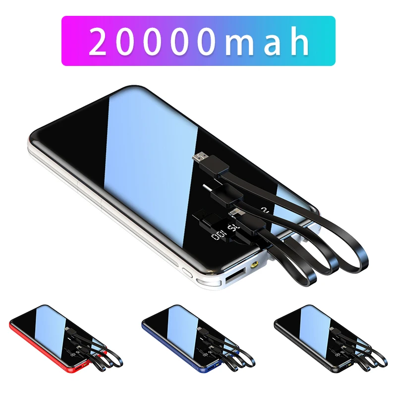 

Power Bank 20000mAh Portable External Battery Fast Charger Powerbank Full Screen Mirror Poverbank Built in Cables For All Phones