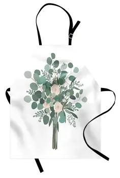 

Flower Cooking Apron Wedding Bouquet Design with Blossoming Roses Romantic Leaves and Petals Kitchen Accessories for Baking