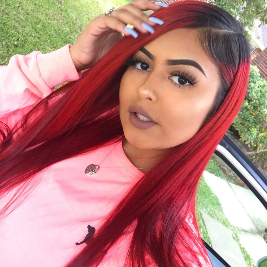 brazilian human hair extension straight bundles with frontal ombre colored T1B Red weave 30 inch for black women remy hd full