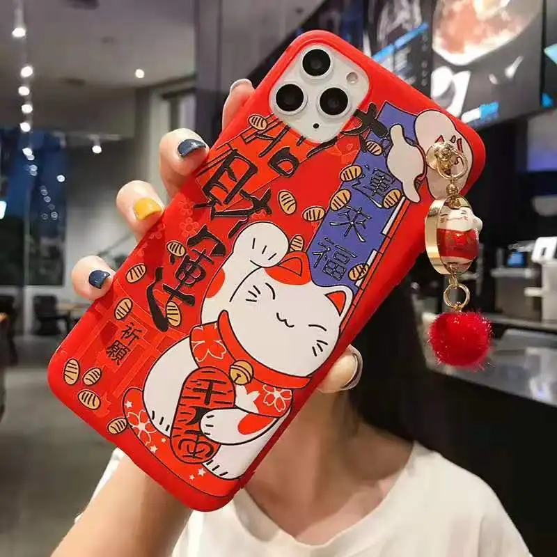 As shown in Чехол для iPhone 11 pro Max Lucky Cat, милая задняя крышка для iPhone 11 X XS Max XR 6 7 8plus Maneki Neko Shell+ подвеска - Цвет: As shown in
