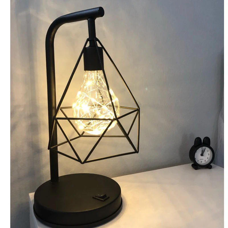  Retro Iron Art Minimalist Table Lamp AA Battery Hollow Diamond Shape Reading Lamp Vintage NightLamp - 33048315297