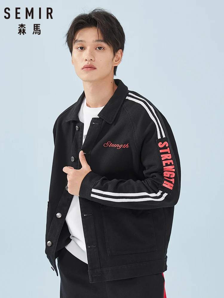 

Semir Men Jacket Spring and Autumn 2019 New Lapel Stripe Contrast Letters Embroidered Cotton Casual Man Jacket