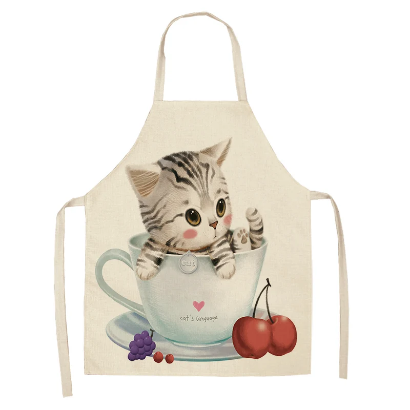 Kitchen Apron for Woman Cute Cartoon Cat Printed Sleeveless Cotton Linen Aprons For Cooking Home Cleaning Tools 53*65cm A1008 - Цвет: B