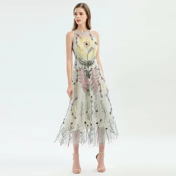 

European Grand Prix 2020 Spring and Summer Women's Clothing zou xiu kuan round Neck Sleeveless Gauze Heavy Embroidery Slim Dress