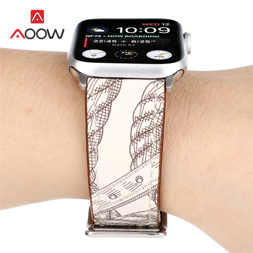 Ремешок для часов из натуральной кожи для Apple Watch 4, 38 мм, 42 мм, 40 мм, 44 мм, элегантный браслет с принтом для мужчин и женщин, ремешок для iWatch 1, 2, 3