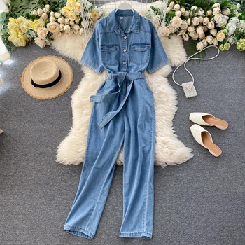 

ZOSOL Tooling Washed Denim Jumpsuit 2020 New Stand Collar Short-Sleeve Waist Strap Pocket Wide Leg Pants Female Tide