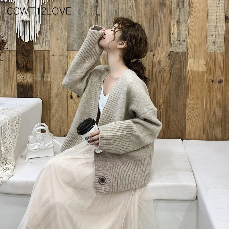 

Spring Winter Sweater Women 2019 Knitted Sweater Cardigans Women Tops Loose Dark Gray Long Sleeve V Neck Wollen Sweaters