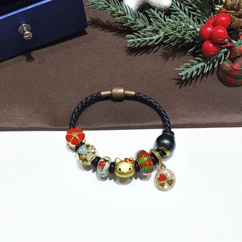 

Red Hello-Kitty Four-Leaf Clover Charm Christmas Tree Christmas Deer Beads Insert Zircon Bracelet For Children Young Girl