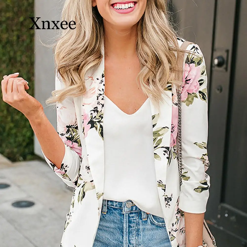 

office Elegant Blazer white Women Floral autumn spring Long Sleeve Blazer Notched Collar Coat Female Outerwear