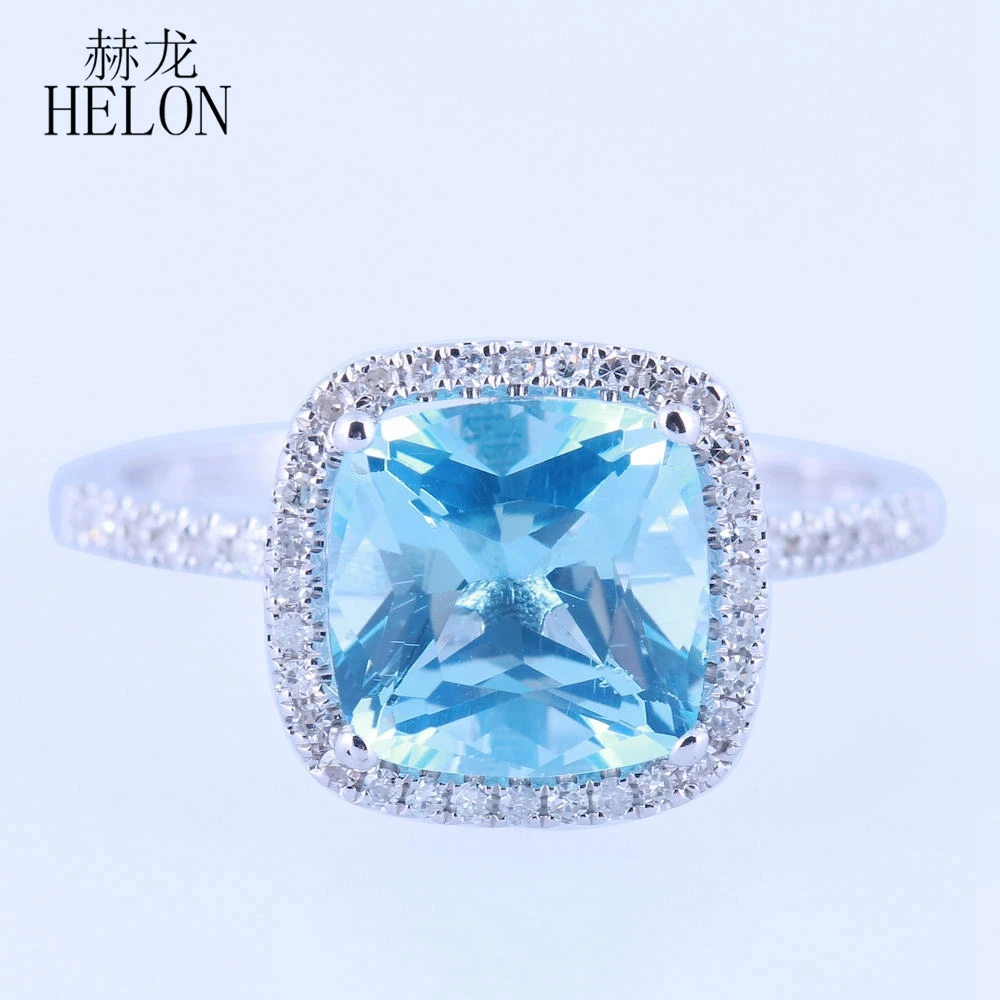 

HELON Real 14K White Gold AU585 Certified Cushion 8mm Natural Sky Blue Topaz Diamond Engagement Wedding Ring Women Party Jewelry