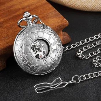 

Luxury Silver Mechanical Pocket Watch Double Cover Roman Dial Man Clock Hand Wind with FOB Chain Best Gift Mechanical Men Watch