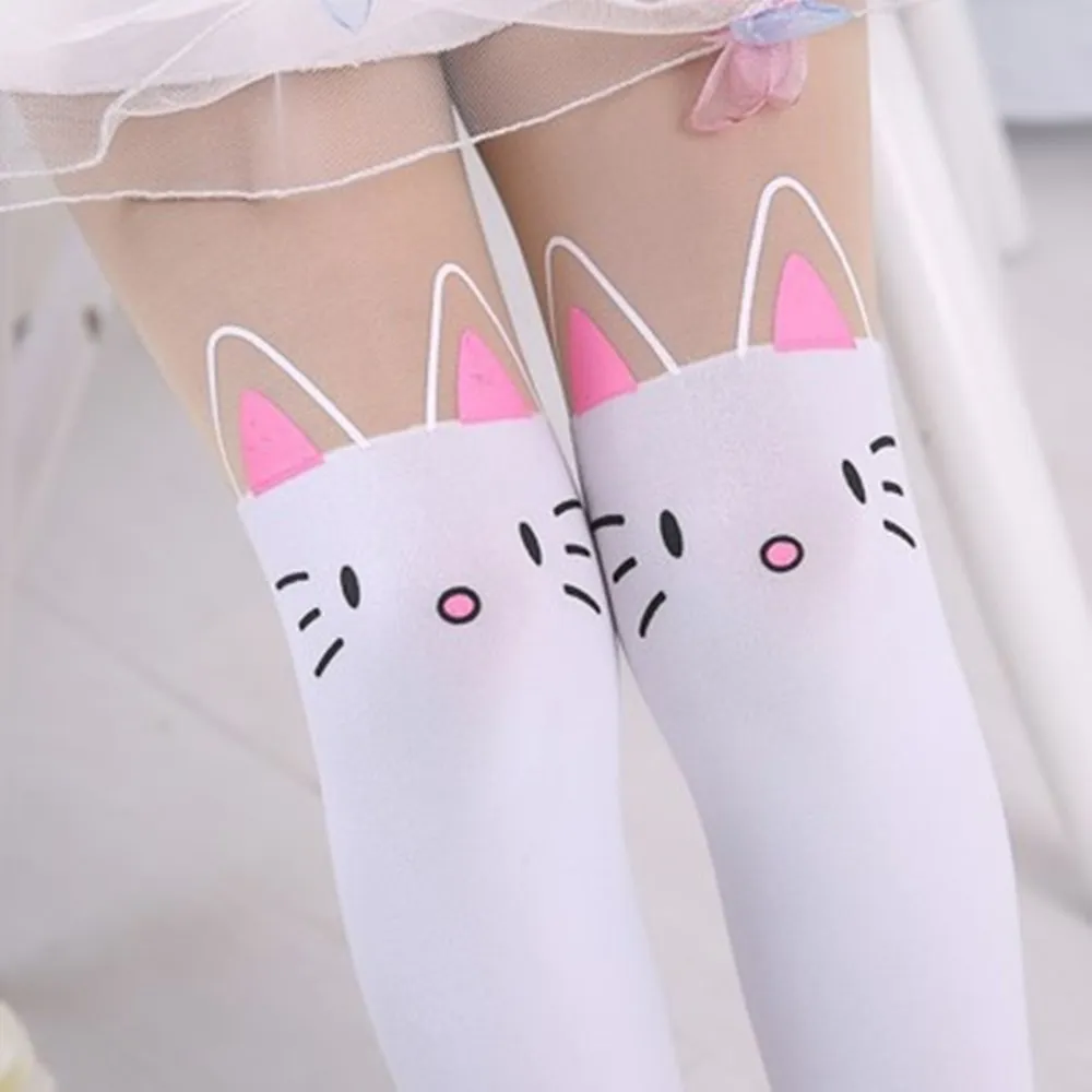 Cartoon Cat Children's Princess Girl Tights Stockings Baby Cute Pantyhose Kids Knee Fake Velvet Stocking White