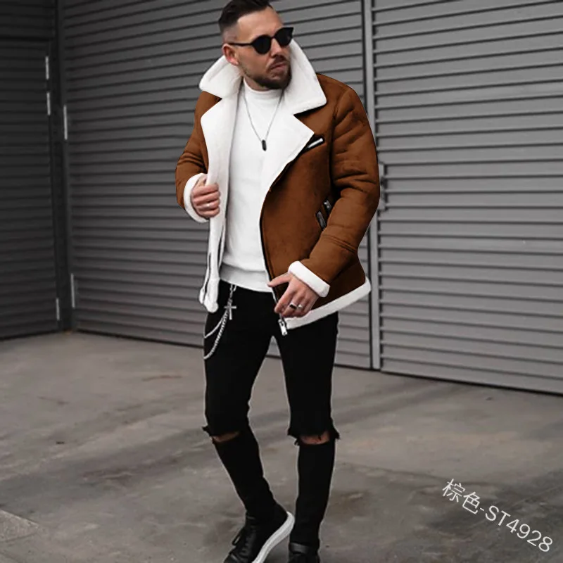 Wepbel Faux Leather Lapel Warm Coat Outwear Winter Polar Fleece Jackets Men Plus Size Long Sleeve V-neck Composite | Мужская одежда