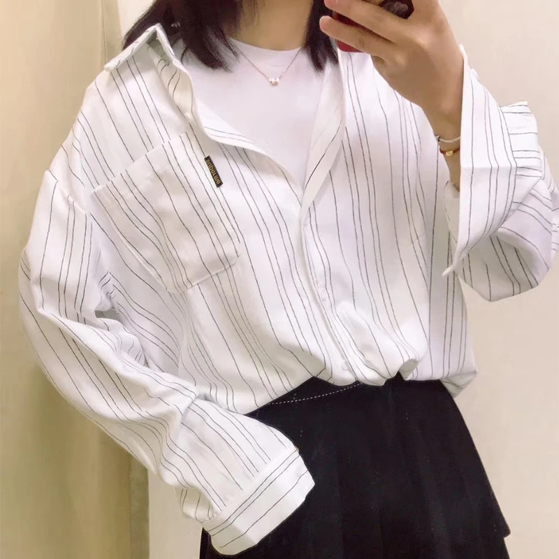 

JCGO Brand Blouses Woman 2020 Spring Plaid Stripe Blouse Women Long Sleeve Shirts Loose Large Size Cotton White Lady Tops Blusa