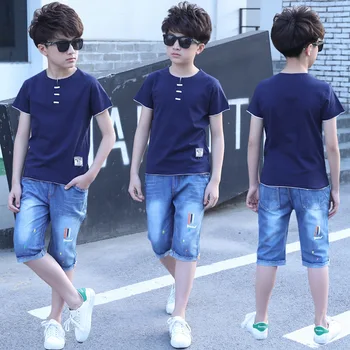 

Teenager Boys Summer Sports Cotton Short Sleeve T Shirt+Denim Pants 2pcs Clothing Sets For Boys Sets New 4 5 6 7 8 9 10 12 Years