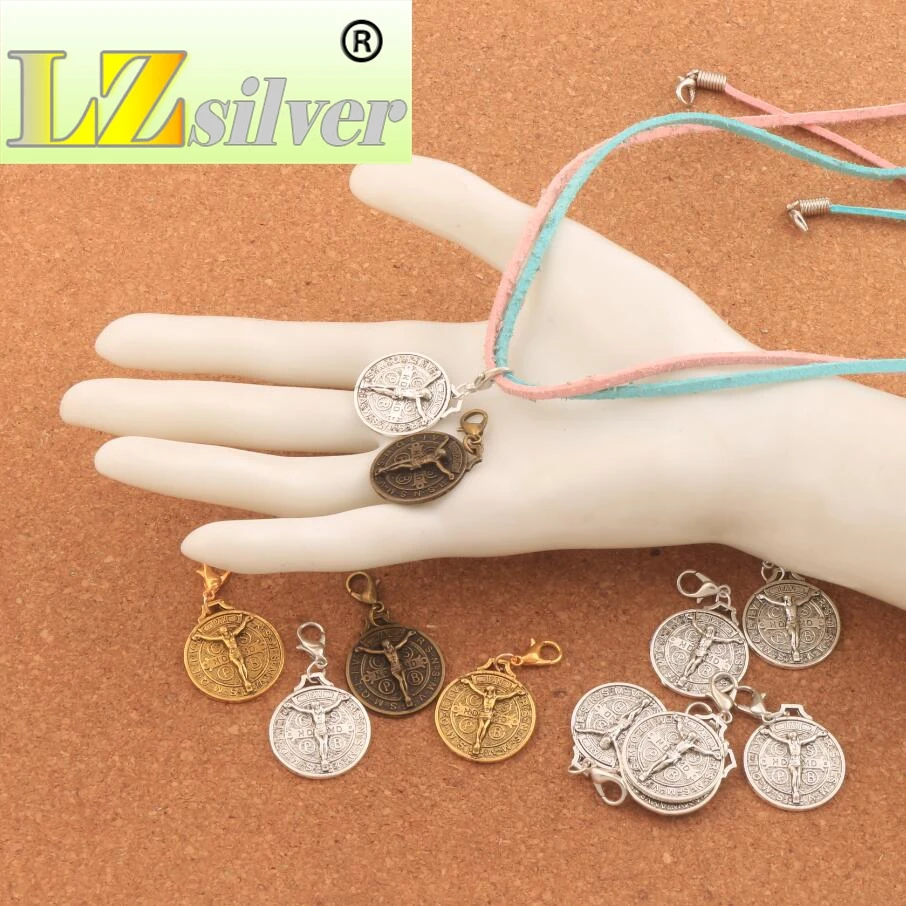 60PCS Zinc Alloy  Saint Jesus Benedict Nursia Patron Medal Crucifix Cross Clasp European Lobster Trigger Clip On C1658