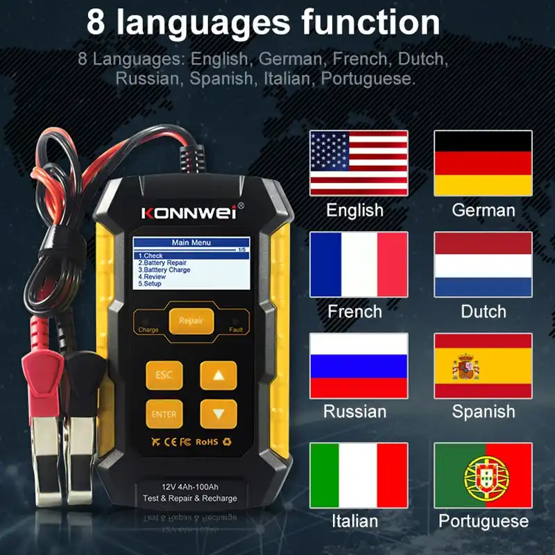 Konnwei Kw510車のバッテリー充電器とテスター12vバッテリーメンテためのクランキングと充電システム 8言語車accessorie 車の バッテリーテスター 充電 修復ツール Aliexpress