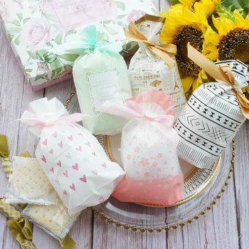 

12*17cm 50pcs Small Flower Heart 5 Style Bag with Ribbon Cookie Snacks Gift Packaging Party Birthday Wedding Favor Decoration