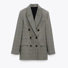 Za – blazer à carreaux gris pour femmes, manches longues, col à revers, poches à rabat avant, fermeture à double boutonnage, boutons contrastés