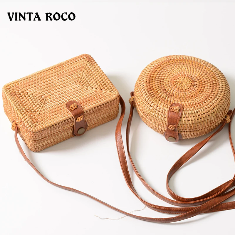 

Square Round Multi Style Bali Straw Rattan Bag Women Handbags Summer Handmade Woven Beach Circle Bohemia Style Black White