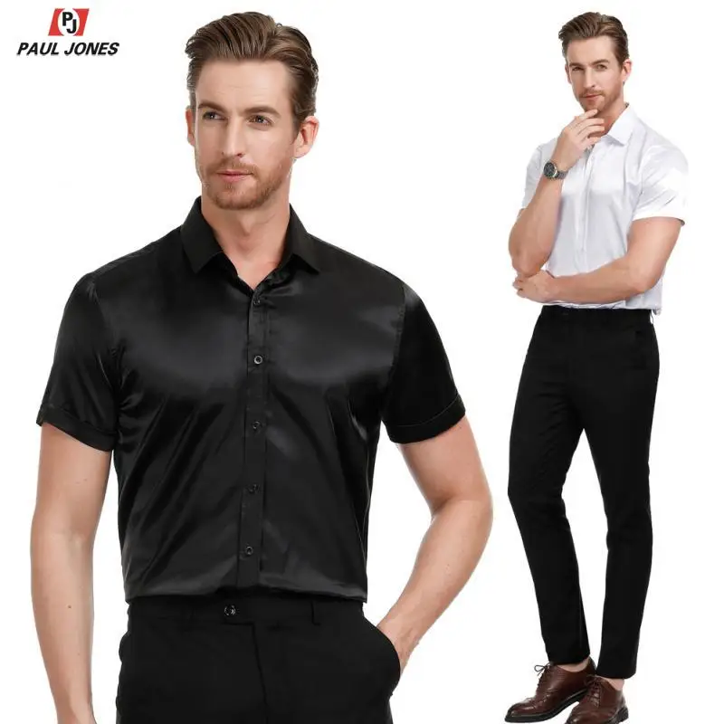 PAUL JONES Men's Slim Fit Solid Satin Dress Shirt Summer Short Sleeve Silk Like Shirt Tops Casual Square Collar Shirts PJ0199